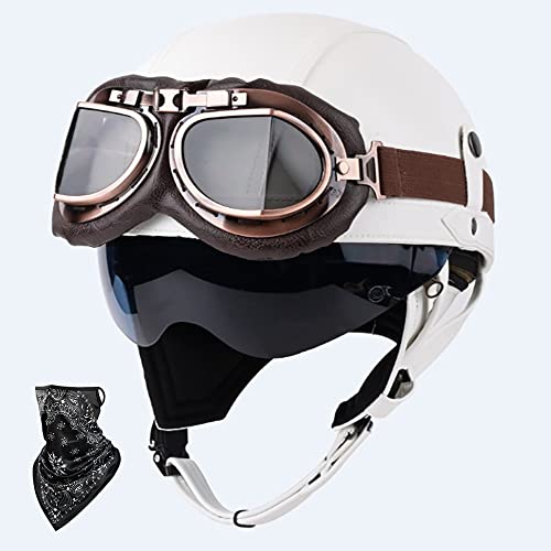 DOT/ECE Genehmigt Leder Halbschalenhelm, Retro Motorrad Halbhelm mit Brille, Schnellverschluss Schnalle, Erwachsene Halbschale Jet-Helm, Scooter-Helm, für Cruiser, Scooter(55~62CM) von Beyswage