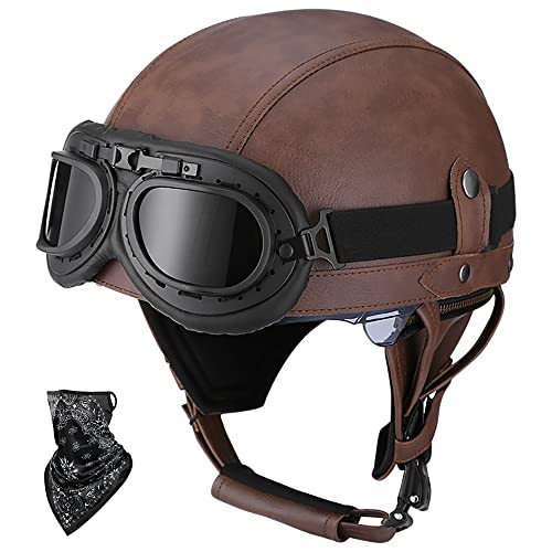 DOT/ECE Genehmigt Leder Halbschalenhelm, Retro Motorrad Halbhelm mit Brille, Schnellverschluss Schnalle, Erwachsene Halbschale Jet-Helm, Scooter-Helm, für Cruiser, Scooter(55~62CM) von Beyswage