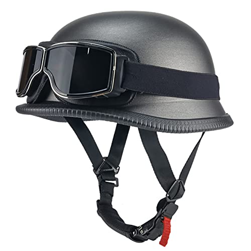 Motorrad Halbhelme, Retro Motorrad Leder Halbhelm mit Brille, Halbschale Scooter Mofa-Helm Jet-Helm mit DOT/ECE Zertifizierung, FüR Fahrradroller Skateboard, Unisexs (55~61CM) von Beyswage