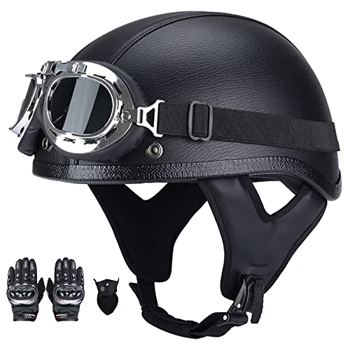 Retro Motorrad Halbhelme Sicherheitshelm für Adults Unisex mit Schutzbrille Erwachsene Halbschale Leder Jet-Helm ECE Zertifizierter für Moped Biker Cruise (57~62CM) von Beyswage