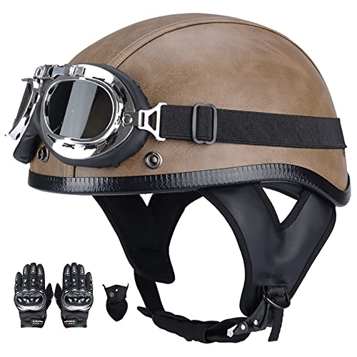 Retro Motorrad Halbhelme Sicherheitshelm für Adults Unisex mit Schutzbrille Erwachsene Halbschale Leder Jet-Helm ECE Zertifizierter für Moped Biker Cruise (57~62CM) von Beyswage