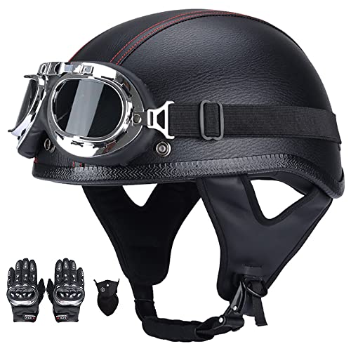 Retro Motorrad Halbhelme Sicherheitshelm für Adults Unisex mit Schutzbrille Erwachsene Halbschale Leder Jet-Helm ECE Zertifizierter für Moped Biker Cruise (57~62CM) von Beyswage