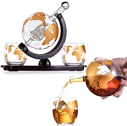 Bezrat Whiskey-Dekanter-Globus-Set – mit zwei 284 ml Gold geätzten Whiskygläsern – auf reichhaltigem Holz-Mahagoni-Basistablett – Gold-Whiskey-Spender für Likör, Scotch, Bourbon, Wodka – 850 ml von Bezrat