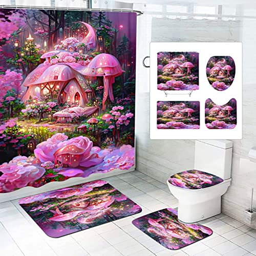 Bfrdollf Duschvorhang 180x200 180x180 200x240 Blumen Blätter Pflanzen Grüne Rosa Duschvorhänge Badezimmerteppich 4-teiliges Set Wasserdichtes Blume Shower Curtains Textil (180 x 180 cm(BxH),7) von Bfrdollf