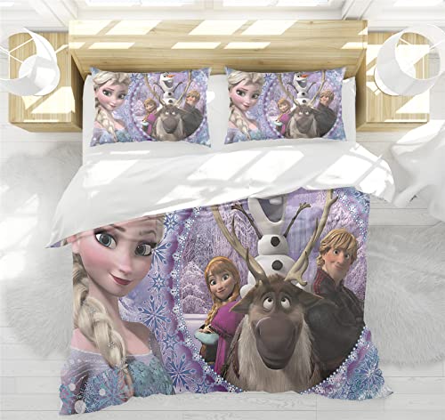 Bfrdollf Frozen Bettwäsche-Set 135x200 Kinder Eiskönigin ELSA Anna Und Olaf, Hellblau,100% Baumwolle, Mit Leichtläufigem Reißverschluss (8,135 X 200 cm) von Bfrdollf