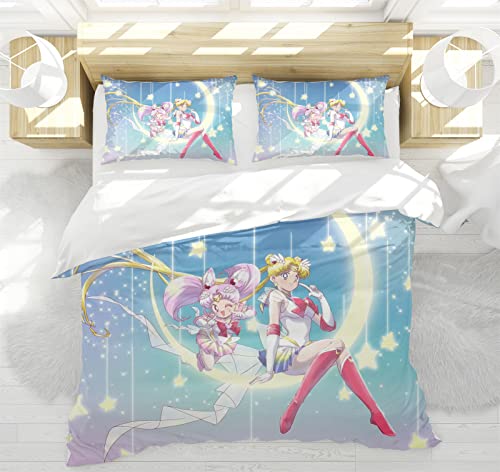 Bfrdollf Sailor Moon Bettwäsche 135x200cm Japan Anime Bettwäsche Set Mädchen Microfaser Einzelbett Bettbezug Und Kissenbezug,mit Reißverschluss (3,135 X 200 cm) von Bfrdollf