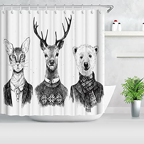 Bfrdollf Textil Hirsch Duschvorhang, Rentier Kopf Menschlicher Hipster, 3D-Druck 100% Polyester Mit 12 Haken,180x200,Holzkohle Grau Weiß (1,120x200cm) von Bfrdollf