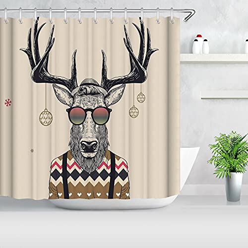 Bfrdollf Textil Hirsch Duschvorhang, Rentier Kopf Menschlicher Hipster, 3D-Druck 100% Polyester Mit 12 Haken,180x200,Holzkohle Grau Weiß (2,120x200cm) von Bfrdollf