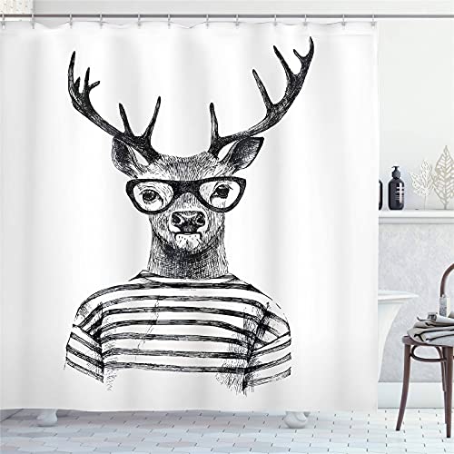 Bfrdollf Textil Hirsch Duschvorhang, Rentier Kopf Menschlicher Hipster, 3D-Druck 100% Polyester Mit 12 Haken,180x200,Holzkohle Grau Weiß (6,120x200cm) von Bfrdollf