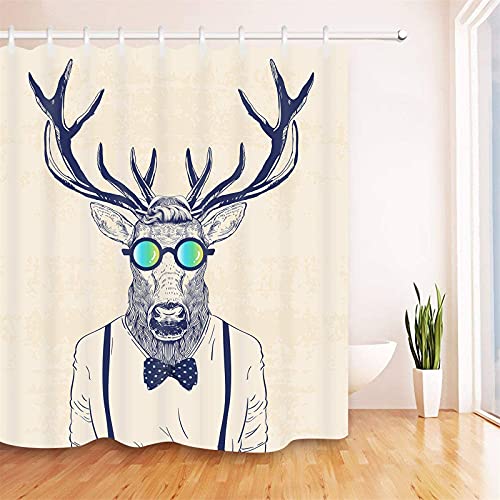 Bfrdollf Textil Hirsch Duschvorhang, Rentier Kopf Menschlicher Hipster, 3D-Druck 100% Polyester Mit 12 Haken,180x200,Holzkohle Grau Weiß (8,180x200cm) von Bfrdollf