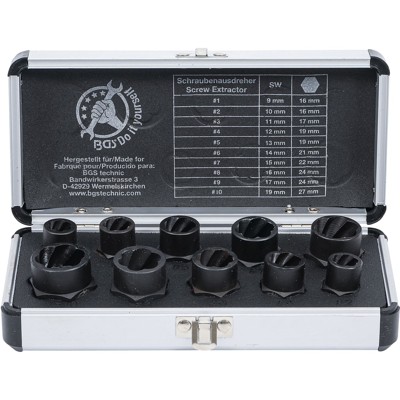 Spiral-Profil-Steckschlüssel-Satz / Schraubenausdreher | Antrieb Innensechskant 10 mm (3/8") / Außensechskant | SW 9 - 19 mm | 10-tlg. von Bgs Diy