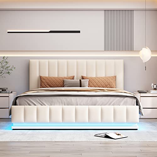 Bett 160x200 mit LED und Stauraum, Polsterbett 160x200 cm mit Höheverstellbarem Kopfteil, Doppelbett mit Lattenrost und Bettkasten, Stauraumbett Jugendbett Familienbett mit Modernes Bettgestell -Weiß von Bgsryao