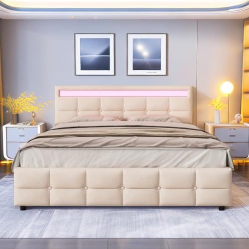 Bgsryao Bett 180 x 200 cm, Rückenlehne auch mit LED-Beleuchtung, mit 4 Schubladen und Lattenrost, hautfreundliches Bett aus Velours, Beige (Matratze nicht im Lieferumfang enthalten) von Bgsryao