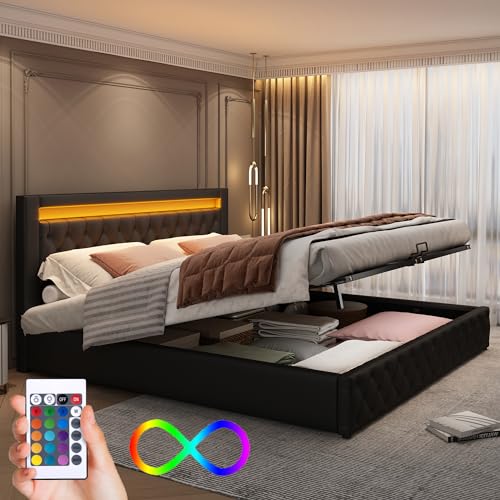 Bgsryao Bett 180x200 mit LED und Stauraum, Polsterbett 180x200 cm mit Kopfteil, Doppelbett mit Lattenrost, Stauraumbett Jugendbett Familienbett Funktionsbett mit Modernes Bettgestell -Schwarz von Bgsryao