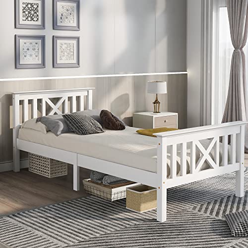 Bgsryao Bett 90x200 Holzbett mit Kopfteil und Lattenroste, Einzelbett Massivholzbett aus Bettgestell Jugendbett Erwachsenenbett Gästebett Massivholz Kinderbett Bettrahmen, Kiefer massiv Weiß von Bgsryao