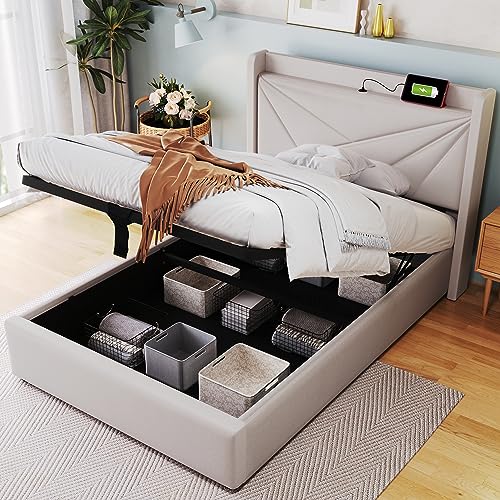 Bgsryao Bett 90x200 mit USB Typ C Ladefunktion und Kopfteil, Polsterbett 90x200cm mit Stauraum Bettkasten, Einzelbett mit Lattenrost, Stauraumbett Jugendbett Bettgestell aus Leinenmaterial Beige von Bgsryao