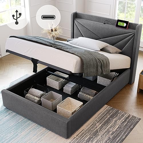 Bgsryao Bett 90x200 mit USB Typ C Ladefunktion und Kopfteil, Polsterbett 90x200cm mit Stauraum Bettkasten, Einzelbett mit Lattenrost, Stauraumbett Jugendbett Bettgestell aus Leinenmaterial Grau von Bgsryao