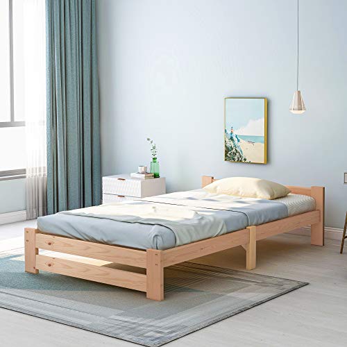 Bgsryao Holzbett 90x200 cm, Solide Einzelbett Massivholzbett Futonbett, Massivholz Natur Bett 90x200 mit Kopfteil und Lattenroste, Jugendbett Erwachsenenbett Gästebett Kinderbett Bettrahmen -Holz von Bgsryao