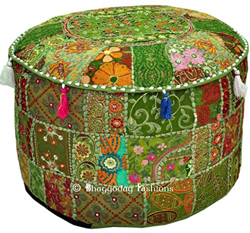 Bohemian Vintage Embroidered Pouf Ottoman Footstool Cover Indian Round Ottoman Stool Pouf Pillow, Ethnic Embroidered Pouf Cover, Indian Cotton Round Pouffe Ottoman Pouf Cover Pillow Ethnic Decor Art, 14x22 Inch. By Bhagyoday by BhagyodayFashions von Bhagyoday Fashions