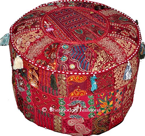 Indian Round Patch Work Embroidered Ottoman Pouf, Indian Round Ottoman Stool Pouf Pillow Patterned Cocktail Vintage Hassock Pouffe, Cotton Handmade Ottoman Pouf, 18x13 Inch. By Bhagyoday by BhagyodayFashions von BhagyodayFashions