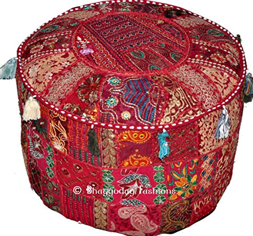 Indian Round Patch Work Embroidered Ottoman Pouf, Indian Round Ottoman Stool Pouf Pillow Patterned Cocktail Vintage Hassock Pouffe, Cotton Handmade Ottoman Pouf, 18x13 Inch. By Bhagyoday by BhagyodayFashions von Bhagyoday Fashions