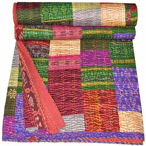 Indian Silk Sari Bedspread Kantha Blanket Handmade Vintage Patola Quilts Throw, Kantha Colourful Design Handmade Quilt, King Antique Kantha Quilt, 90x108 Inch. by Bhagyoday by BhagyodayFashions von BhagyodayFashions