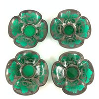 Vintage Grüne Glasplatten Mit Silberarbeiten 4Er Set von Bharatkakhazana