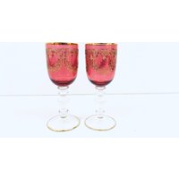 Vintage Pink Royal Weinglas Mit Gravierter Goldarbeit von Bharatkakhazana