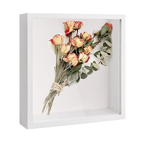 Bhoulandi 3D-Schatten-Box, tiefer Bilderrahmen, Schaukasten für Tischplatte und Wand, tiefer Holzrahmen für Blumen, Erinnerungsstücke, Medaillen, Basteln, Tickets (27 x 27 cm, weiß) von Bhoulandi