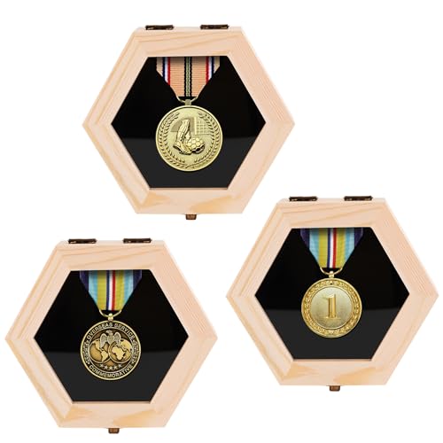 BiJun Sechseckiger Medaillenaufhänger aus Holz, Schattenbox für Medaillen, Rennmedaillen für Sportmedaillen, Leichtathletik, Rennen, Laufen, Marathons (3 Stück) von BiJun