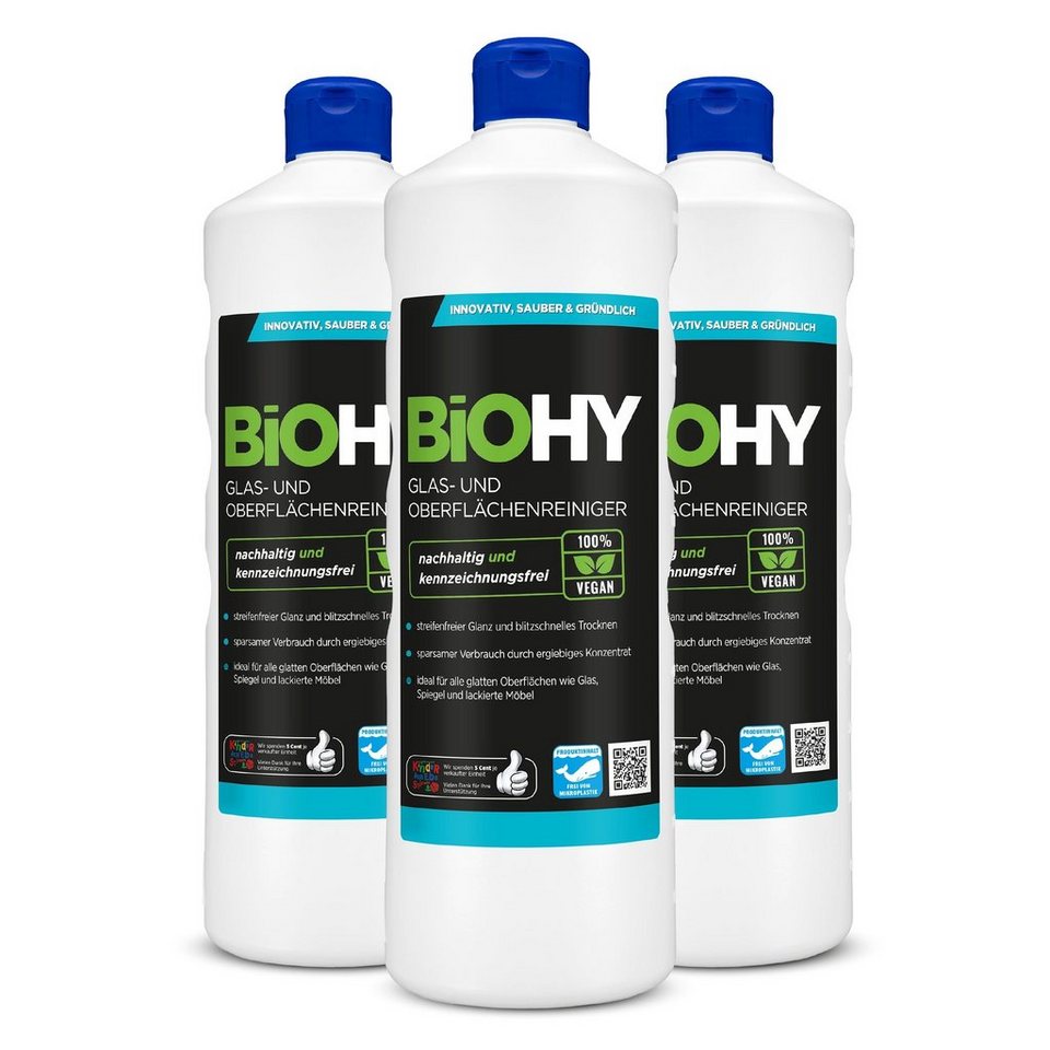 BiOHY Glas- und Oberflächenreiniger 3er Pack (3 x 1 Liter Flasche) Glasreiniger (3-St) von BiOHY