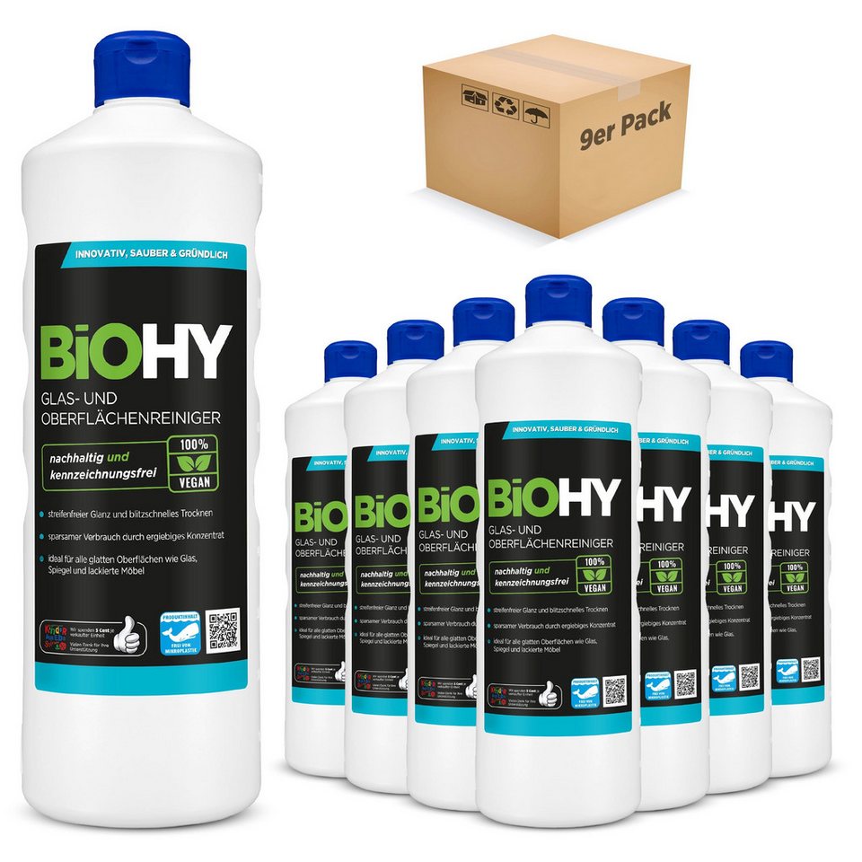 BiOHY Glas- und Oberflächenreiniger 9er Pack (9 x 1 Liter Flasche) Glasreiniger (9-St) von BiOHY