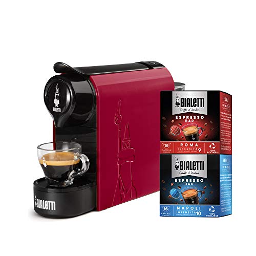 Bialetti Gioia, Espresso-Kaffeemaschine für AluminiumKapseln, 32 Kapseln enthalten, Superkompakt, 500-ml-Behälter, 1200 W, Rot von Bialetti
