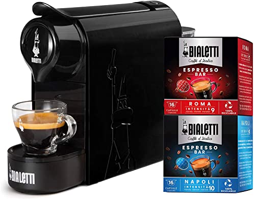 Bialetti Gioia, Espressomaschine für Kapseln aus Aluminium, inklusive 32 Kapseln, superkompakt, 500 ml, Schwarz von Bialetti