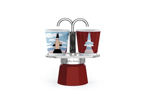 Bialetti - Mini Express Magritte: Mokka-Set inkl. Kaffeemaschine 2 Tassen (80 ml) + 2 Schnapsgläser, rot, Aluminium von Bialetti