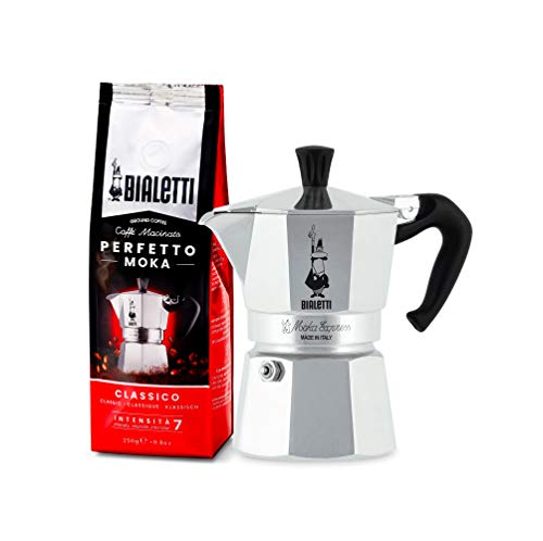 Bialetti Moka Easy Mokka-Kocher Express 3 Tassen Perfetto Moka (der ideale Kaffee für den Moka), Gemahlener Kaffee - CLASSICO Geschmack Klassisch, 250 g von Bialetti