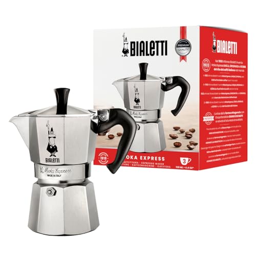 Bialetti - Moka Express: Ikonische Espressomaschine für die Herdplatte, macht echten Italienischen Kaffee, Moka-Kanne 3 Tassen (130ml), Aluminium, Silber von Bialetti