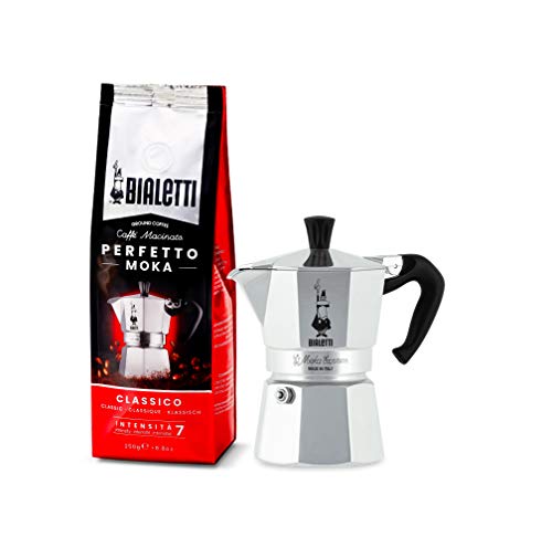 Bialetti Moka Express Espressokocher, Aluminium, Grau, 2 Tassen Perfetto Moka (der ideale Kaffee für den Moka), Gemahlener Kaffee - CLASSICO Geschmack Klassisch, 250 g von Bialetti