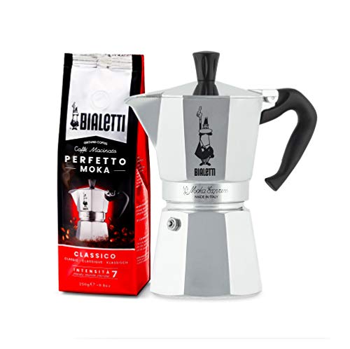 Bialetti Moka Express Espressokocher, Aluminium, Grau, 6 Tassen Perfetto Moka (der ideale Kaffee für den Moka), Gemahlener Kaffee - CLASSICO Geschmack Klassisch, 250 g von Bialetti