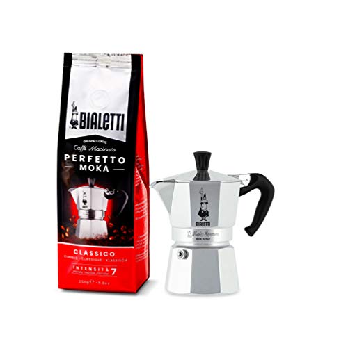 Bialetti Moka Express Espressokocher, Aluminium, Silber, 1 Tasse Perfetto Moka (der ideale Kaffee für den Moka), Gemahlener Kaffee - CLASSICO Geschmack Klassisch, 250 g von Bialetti