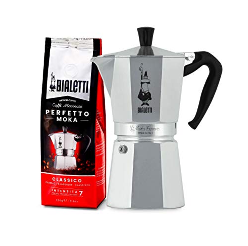 Bialetti Mokakocher Express 9 Tassen Perfetto Moka (der ideale Kaffee für den Moka), Gemahlener Kaffee - CLASSICO Geschmack Klassisch, 250 g von Bialetti