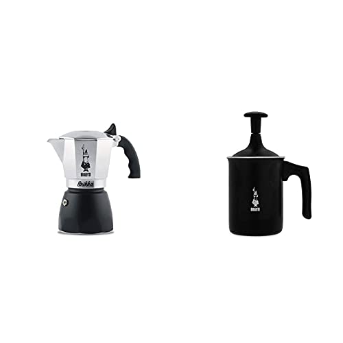 Bialetti New Brikka, Aluminium, Kaffeemaschine für Kaffee mit Doppelrahm, 4 Tassen & Tutto Crema Milchaufschäumer 3 Tassen mit Doppelsieb für einen stabilen Milchschaum, 0.5 L, schwarz von Bialetti