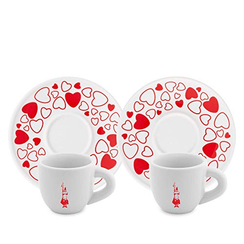 Bialetti Y0TZ021 Set 2 Moka-Tassen Herz (mit Untertassen), Porzellan, Rot/Weiß von Bialetti