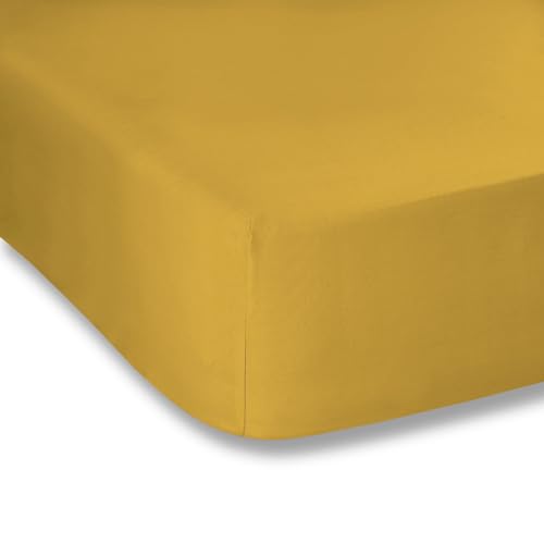 Plain Dyed Mustard Spannbettlaken, 135 x 200 cm, 100% Perkal-Baumwolle von Bianca