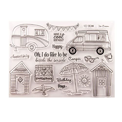Bianriche Reise Camper Haus Strand Silikon Stempel mit Stanzschablonen Schablonen Set für DIY Kartenherstellung Scrapbooking Prägung Fotoalbum Stempel von Bianriche