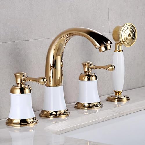 BiaoTeng 4-Loch Wannenrandarmatur Badewannenarmatur Heiß und Kalt Messing Einhebelmischer 360° Drehbar Armatur Badewanne mit Handbrause 4 Loch Gold + Weiß BiaoTeng 4-Loch Wannenrandarmatur Badewannenarmatur Heiß und Kalt Messing Einhebelmischer 360° Drehbar Armatur Badewanne mit Handbrause 4 Loch Gold + Weiß von BiaoTeng