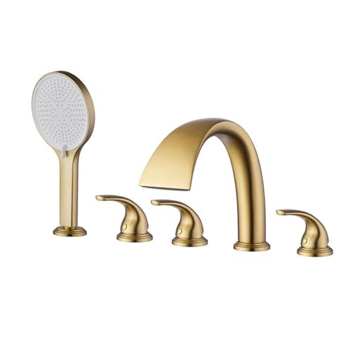 BiaoTeng 5 Loch Armatur Badewanne Wasserfall Messing G1/2 Anschluss Warm und Kalt Wasserhahn Badewanne mit Handbrause Gold Gebürstet von BiaoTeng