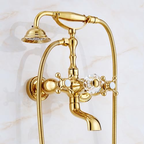 BiaoTeng Badewanne Armatur Retro Antike Gold Wandmontage Badewanne Wasserhahn Dusche Set 2 Funktionen Heiß oder kalt Messing Wannenarmatur Retro, B von BiaoTeng