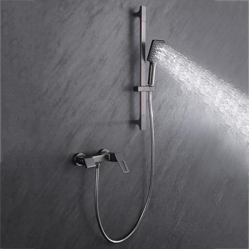 BiaoTeng Badewannen Armaturen mit Brause Wasserfall Badewannenarmatur mit Duschstange 3 Strahlarten Warm und Kalt Messing Wannenarmatur Duschset Grau von BiaoTeng