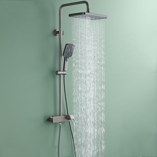 BiaoTeng Duscharmatur Komplettset Wasserfall Regendusche Wandmontage Set 360° Drehbar 3 Strahlarten Warm und Kalt Duschset mit Armatur Messing Grau BiaoTeng Duscharmatur Komplettset Wasserfall Regendusche Wandmontage Set 360° Drehbar 3 Strahlarten Warm und Kalt Duschset mit Armatur Messing Grau von BiaoTeng